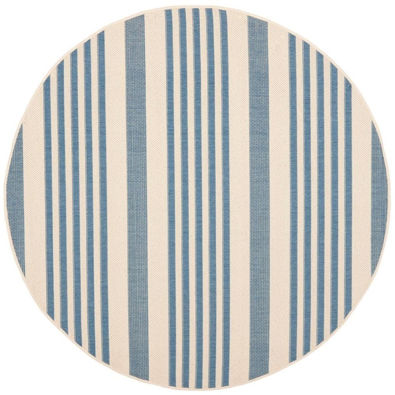 SAFAVIEH Courtyard Beige/Blue 8 ft. x 8 ft. Round Striped Indoor/Outdoor Patio  Area Rug CY6062-233-8R