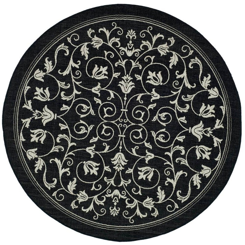 SAFAVIEH Courtyard Black/Sand 4 ft. x 4 ft. Border Scroll Floral Indoor/Outdoor Patio  Round Area Rug CY2098-3908-4R