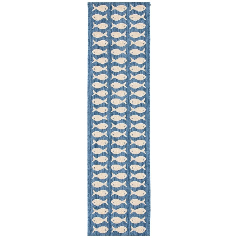 SAFAVIEH Courtyard Blue/Beige 2 ft. x 7 ft. Geometric Fish Indoor/Outdoor Patio  Runner Rug CY6013-233-27