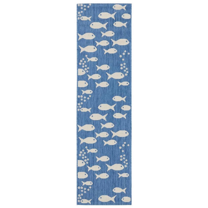 SAFAVIEH Courtyard Blue/Beige 2 ft. x 8 ft. Novelty Fish Indoor/Outdoor Patio  Runner Rug CY6012-233-28