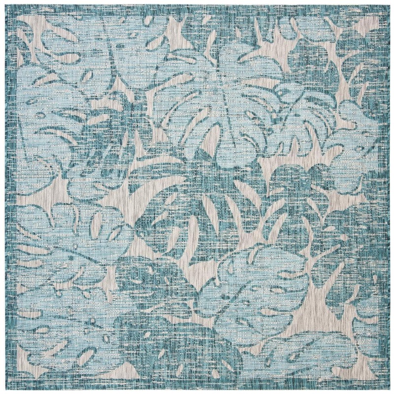 SAFAVIEH Courtyard Gray/Aqua 7 ft. x 7 ft. Square Tropical Border Indoor/Outdoor Patio Area Rug CY8560-37212-7SQ