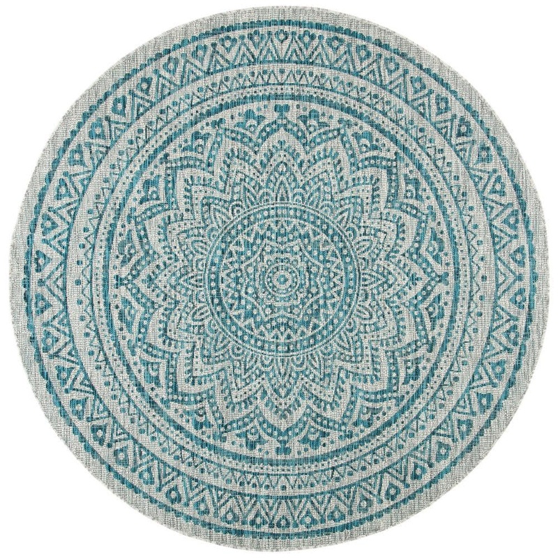 SAFAVIEH Courtyard Light Gray/Teal Doormat 3 ft. x 3 ft. Round Medallion Indoor/Outdoor Area Rug CY8734-37212-3R