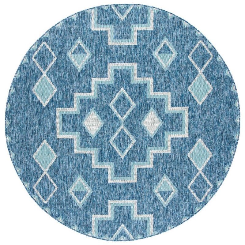 SAFAVIEH Courtyard Navy/Aqua 4 ft. x 4 ft. Aztec Tribal Indoor/Outdoor Patio  Round Area Rug CY8533-39421-4R