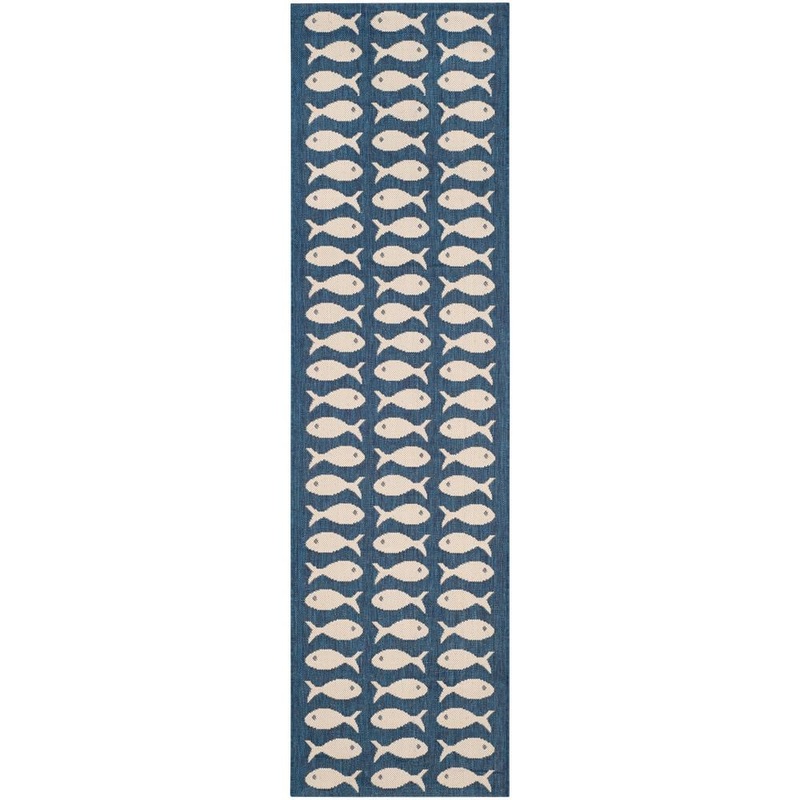 SAFAVIEH Courtyard Navy/Beige 2 ft. x 7 ft. Geometric Indoor/Outdoor Patio  Runner Rug CY6013-268-27