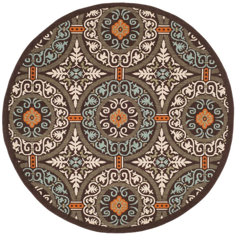 SAFAVIEH Veranda Chocolate/Aqua 7 ft. x 7 ft. Round Floral Indoor/Outdoor Patio  Area Rug VER055-0723-7R