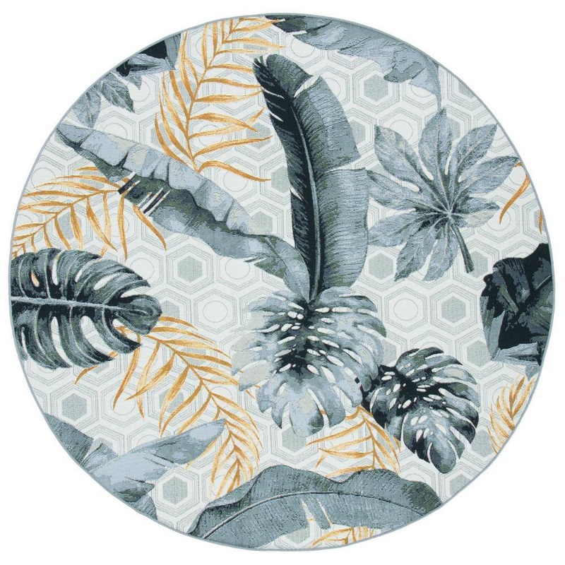 SAFAVIEH Barbados 8 ft. x 8 ft. Round Gray/Gold Floral Geometric Indoor/Outdoor Area Rug BAR524F-8R