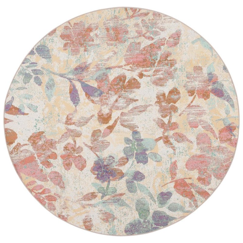SAFAVIEH Barbados Beige/Red 7 ft. x 7 ft. Round Multi-Leaf Gradient Indoor/Outdoor Area Rug BAR525B-7R