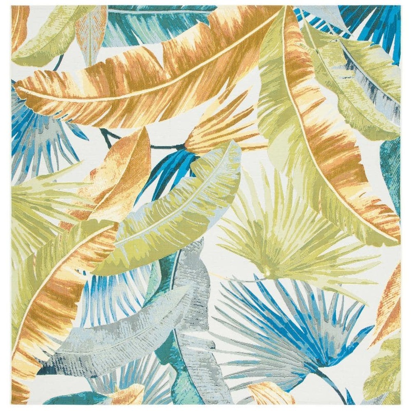 SAFAVIEH Barbados Gold/Green 5 ft. x 5 ft. Square Tropical Leaf Indoor/Outdoor Area Rug BAR520C-5SQ