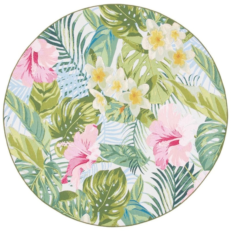 SAFAVIEH Barbados Green/Pink 7 ft. x 7 ft. Floral Indoor/Outdoor Patio  Round Area Rug BAR516X-7R