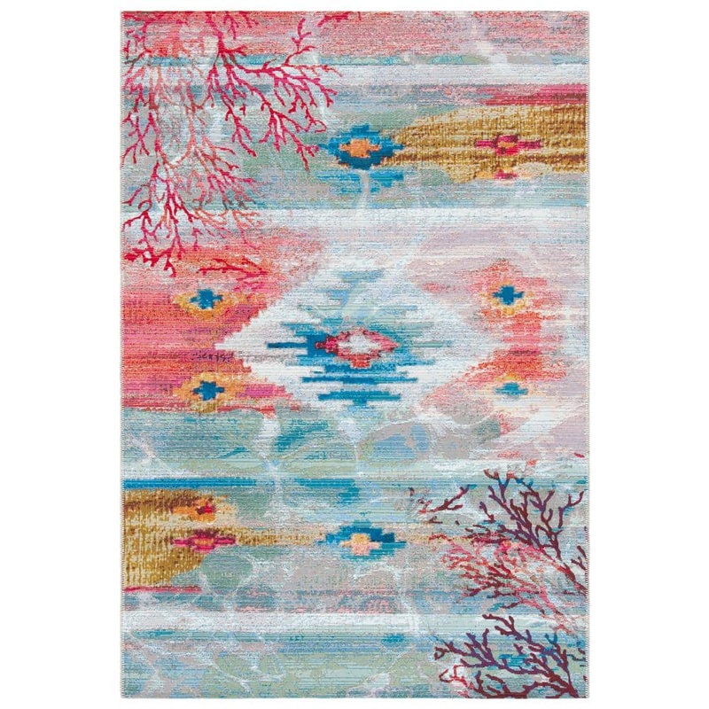 SAFAVIEH Barbados Light Blue/Pink 4 ft. x 6 ft. Ikat Distressed Indoor/Outdoor Patio  Area Rug BAR554M-4
