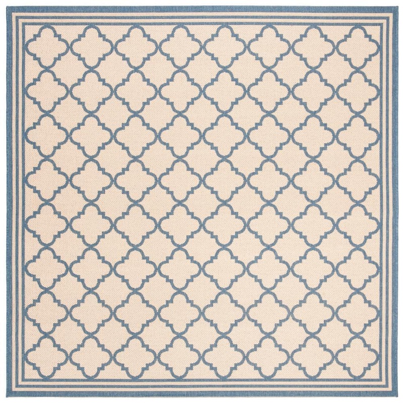 SAFAVIEH Beach House Cream/Blue 4 ft. x 4 ft. Border Trellis Indoor/Outdoor Patio  Square Area Rug BHS121N-4SQ