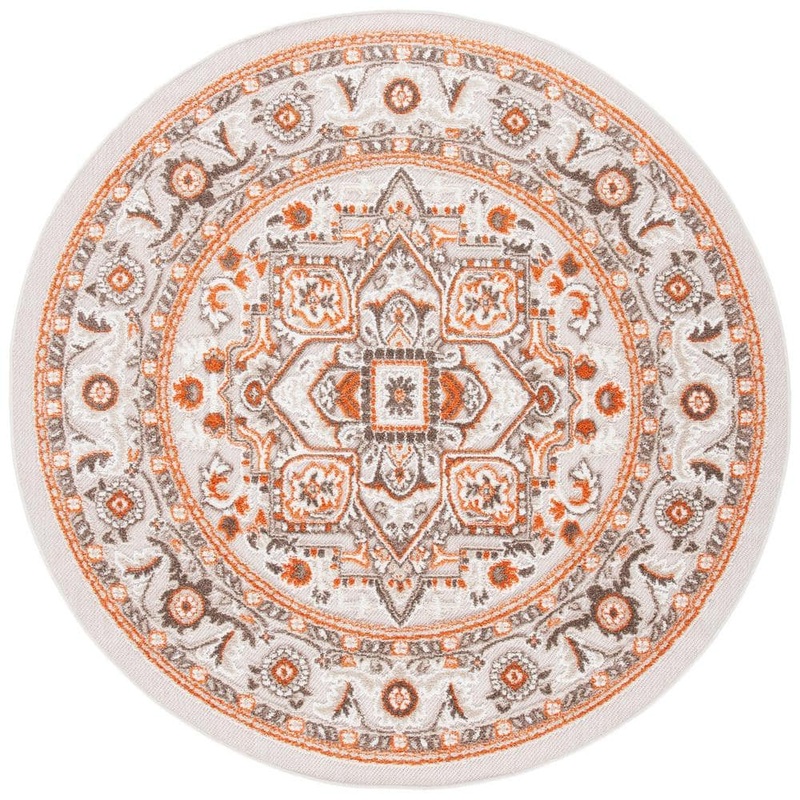 SAFAVIEH Cabana Beige/Orange 7 ft. x 7 ft. Border Medallion Floral Indoor/Outdoor Patio  Round Area Rug CBN680B-7R
