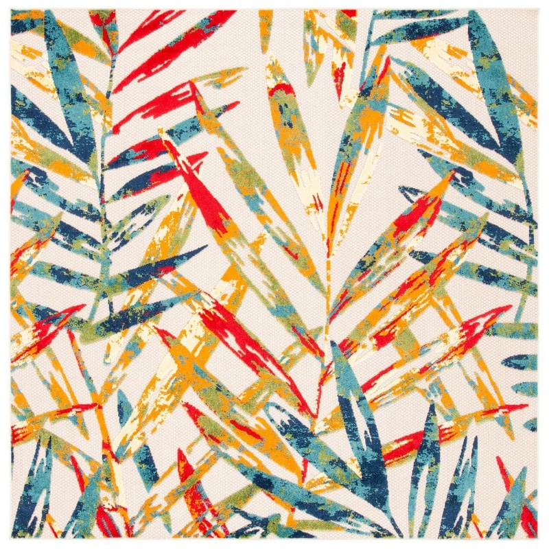 SAFAVIEH Cabana Ivory/Navy 7 ft. x 7 ft. Palm Leaf Indoor/Outdoor Patio  Square Area Rug CBN368A-7SQ