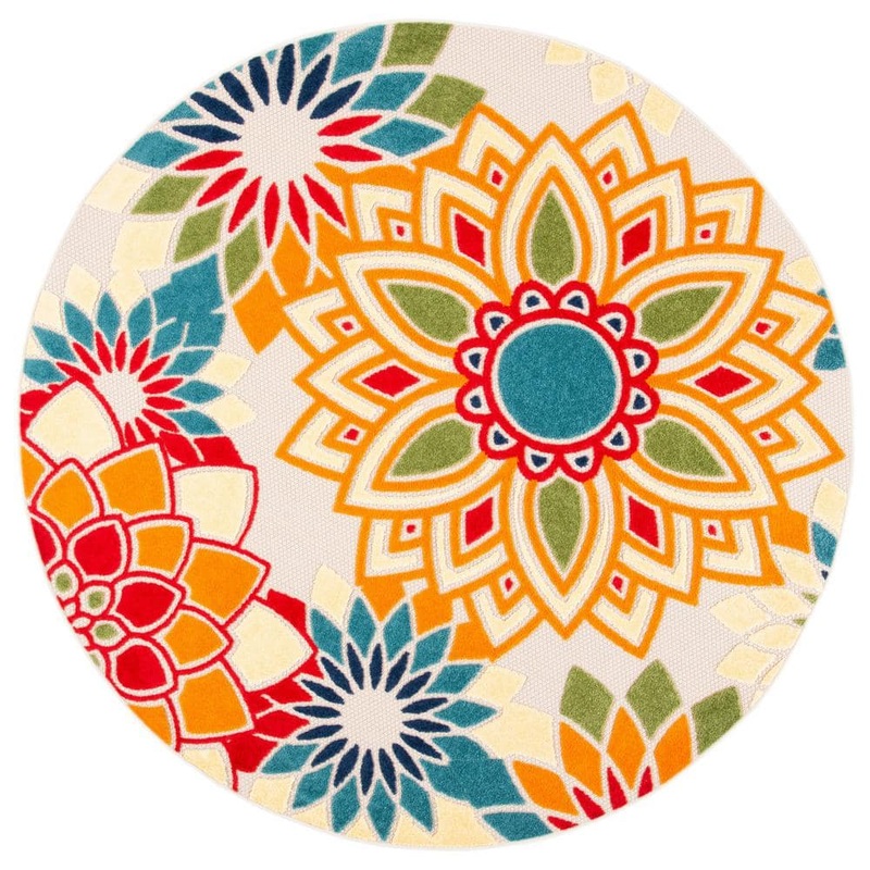 SAFAVIEH Cabana Ivory/Orange Doormat 3 ft. x 3 ft. Round Retro Floral Indoor/Outdoor Area Rug CBN328A-3R