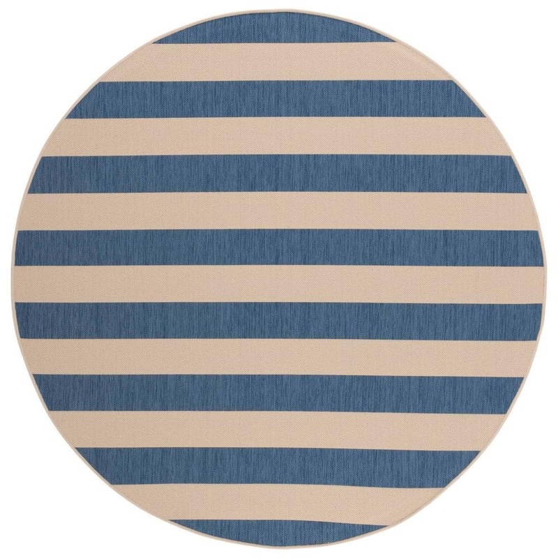 SAFAVIEH Courtyard Beige/Blue 7 ft. Round Awning Stripe Indoor/Outdoor Area Rug CY6812-23312-7R