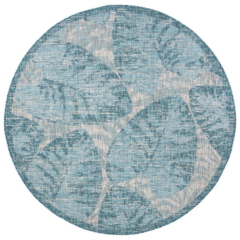 SAFAVIEH Courtyard Gray/Aqua 7 ft. x 7 ft. Round Border Indoor/Outdoor Patio  Area Rug CY8556-37212-7R