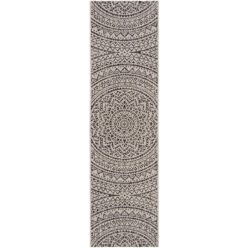 SAFAVIEH Courtyard Light Gray/Black 2 ft. x 18 ft. Runner Abstract Circle Floral Indoor/Outdoor Area Rug CY8734-37612-218