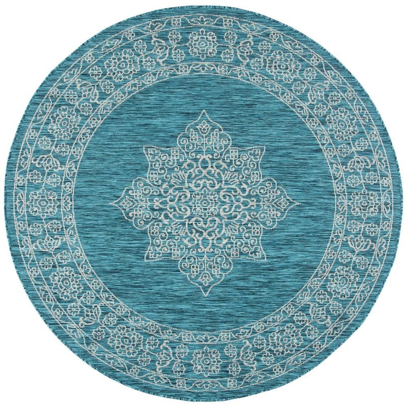SAFAVIEH Courtyard Teal/Ivory 7 ft. x 7 ft. Round Medallion Indoor/Outdoor Patio  Area Rug CY8232-37221-7R