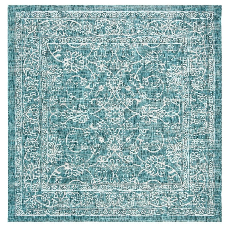 SAFAVIEH Courtyard Turquoise 9 ft. x 9 ft. Border Floral Scroll Indoor/Outdoor Patio  Square Area Rug CY8680-37221-9SQ