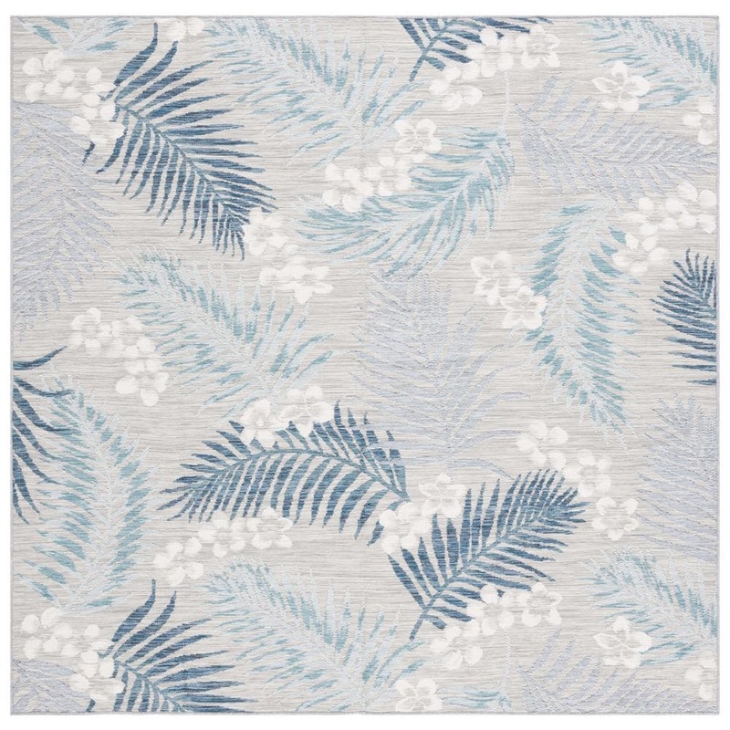SAFAVIEH Sunrise Gray/Blue Ivory 7 ft. x 7 ft. Oversized Tropical Reversible Indoor/Outdoor Square Area Rug SUN675F-7SQ