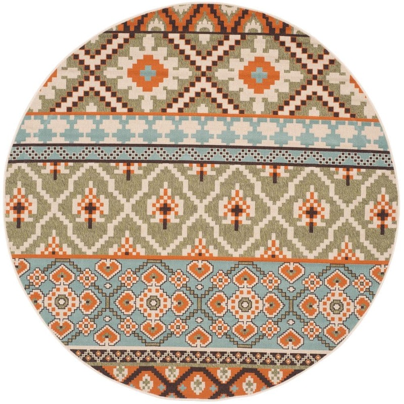 SAFAVIEH Veranda Green/Terracotta 8 ft. x 8 ft. Tribal Aztec Indoor/Outdoor Patio  Round Area Rug VER097-0745-8R