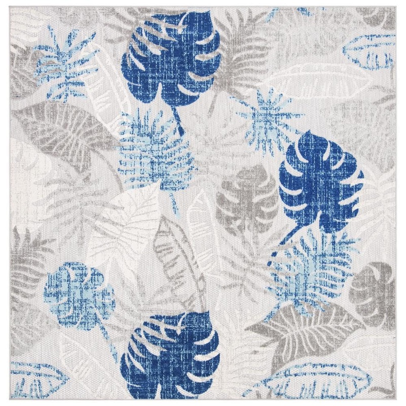 SAFAVIEH Cabana Gray/Blue 4 ft. x 4 ft. Geometric Leaf Indoor/Outdoor Patio  Square Area Rug CBN831F-4SQ