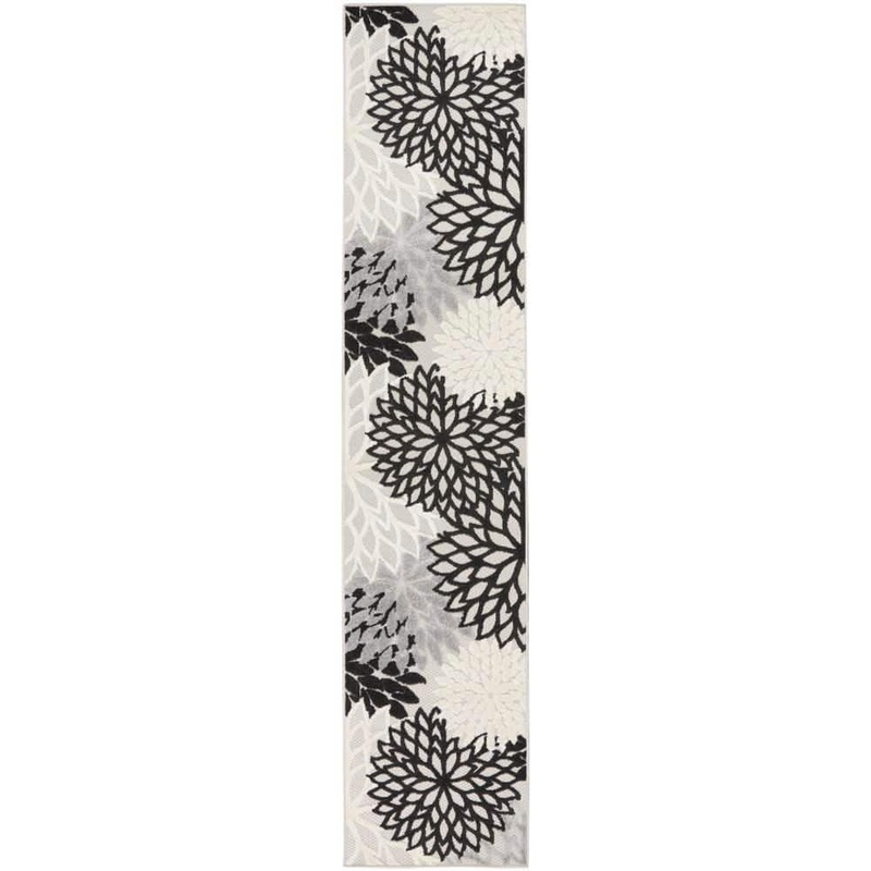 Nourison Aloha Black White 2 ft. x 10 ft. Kitchen Runner Floral Contemporary Indoor/Outdoor Patio Area Rug 826701