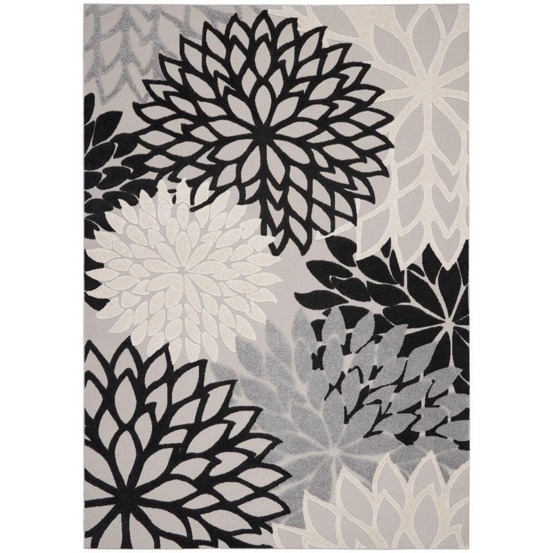 Nourison Aloha Contemporary Black White 10 ft. x 13 ft. Floral Indoor/Outdoor Patio Area Rug 826862