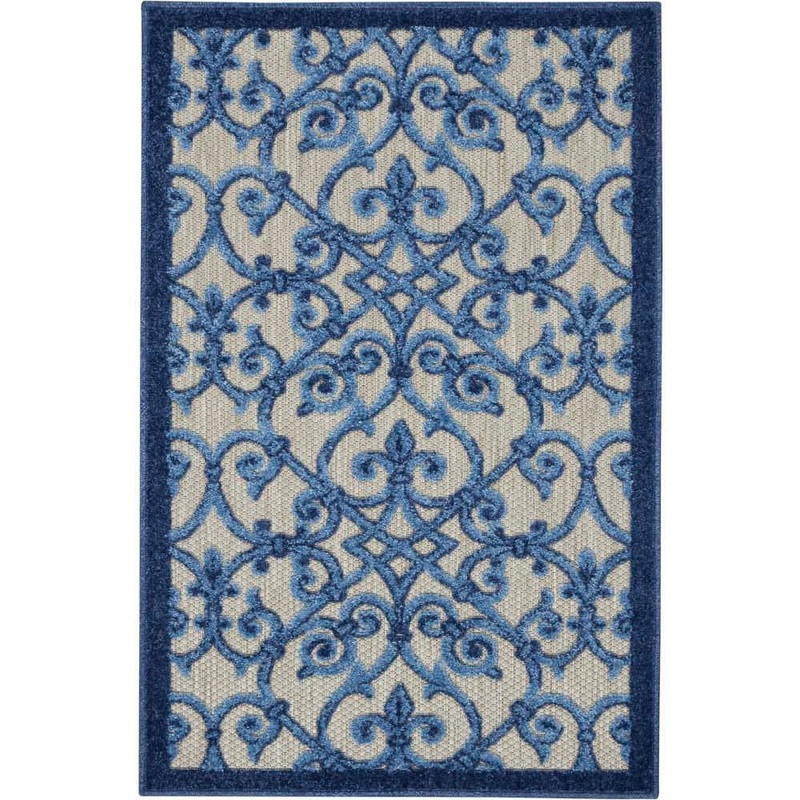Nourison Aloha Gray/Blue doormat 3 ft. x 4 ft. Moroccan Modern Indoor/Outdoor Patio Kitchen Area Rug 739650