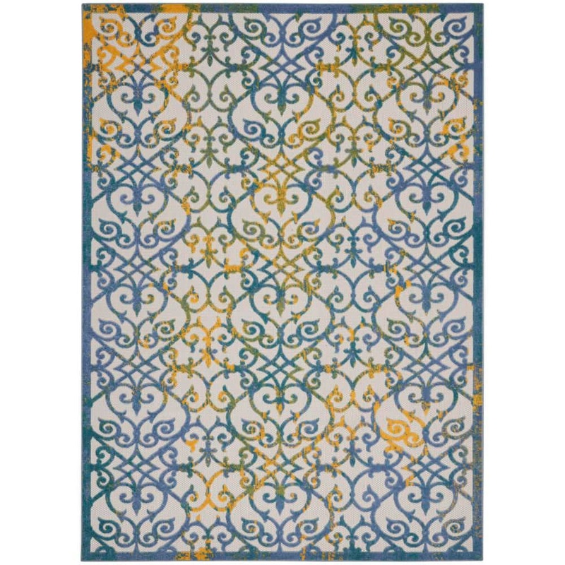 Nourison Aloha Ivory Blue 12 ft. x 15 ft. Floral Contemporary Indoor/Outdoor Patio Area Rug 829740