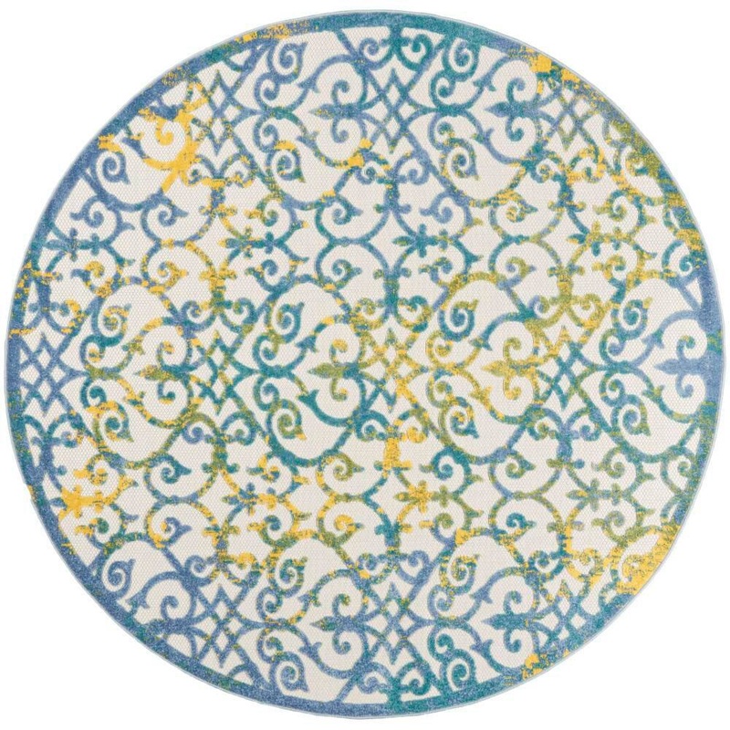 Nourison Aloha Ivory Blue 8 ft. x 8 ft. Round Floral Contemporary Indoor/Outdoor Patio Area Rug 828101