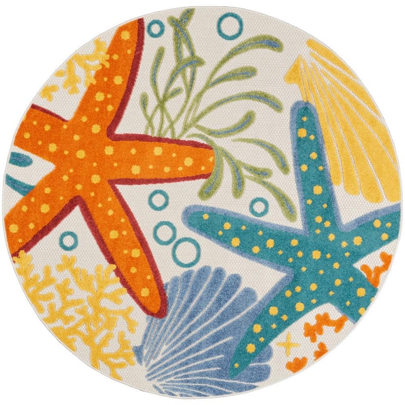 Nourison Aloha Multicolor 4 ft. x 4 ft. Round Nautical Contemporary Indoor/Outdoor Patio Area Rug 828675