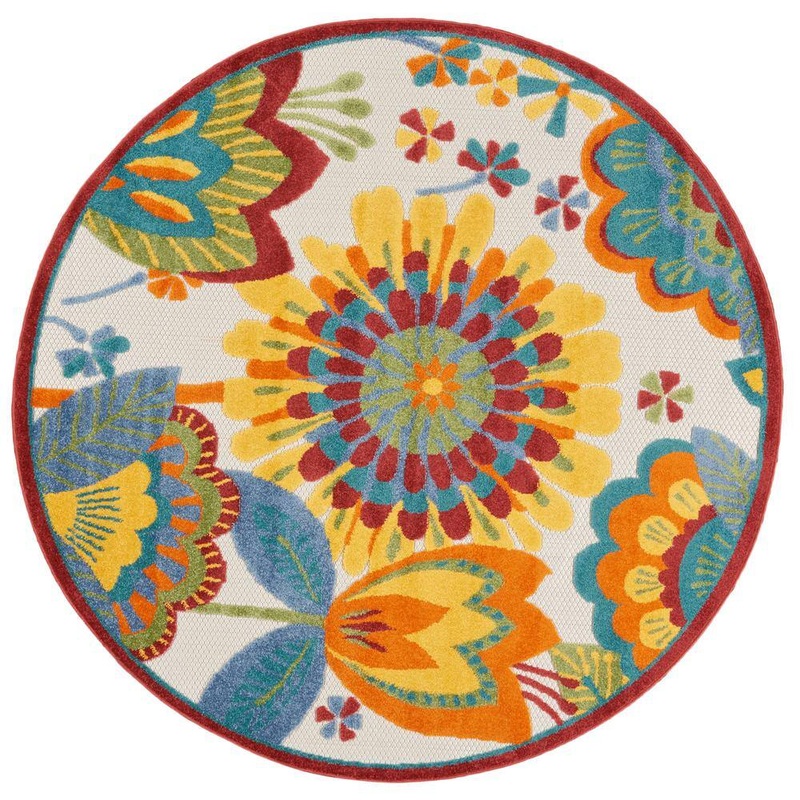 Nourison Aloha Multicolor 5 ft. x 5 ft. Round Floral Contemporary Indoor/Outdoor Patio Area Rug 829030
