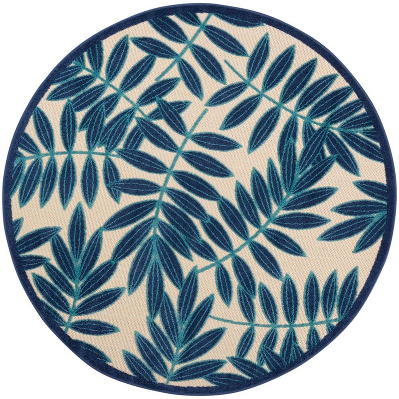 Nourison Aloha Navy 4 ft. x 4 ft. Round Floral Contemporary Indoor/Outdoor Patio Area Rug 816795