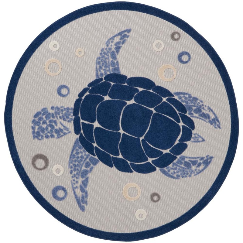Nourison Aloha Navy Blue 8 ft. x 8 ft. Coastal Sea Turtle Contemporary Indoor/Outdoor Round Patio Area Rug 135940