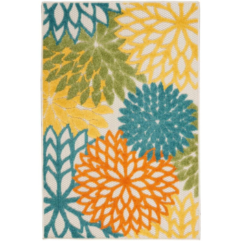 Nourison Aloha Turquoise Multicolor doormat 3 ft. x 4 ft. Floral Contemporary Indoor/Outdoor Patio Kitchen Area Rug 827203