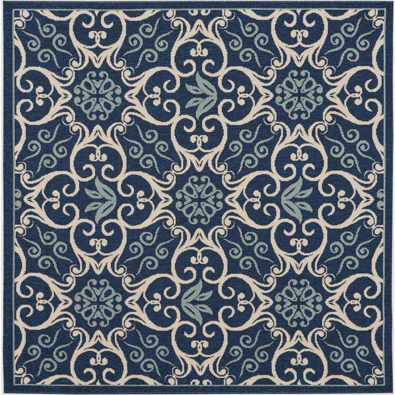 Nourison Caribbean Navy 5 ft. x 5 ft. Square Botanical Transitional Indoor/Outdoor Patio Area Rug 067463