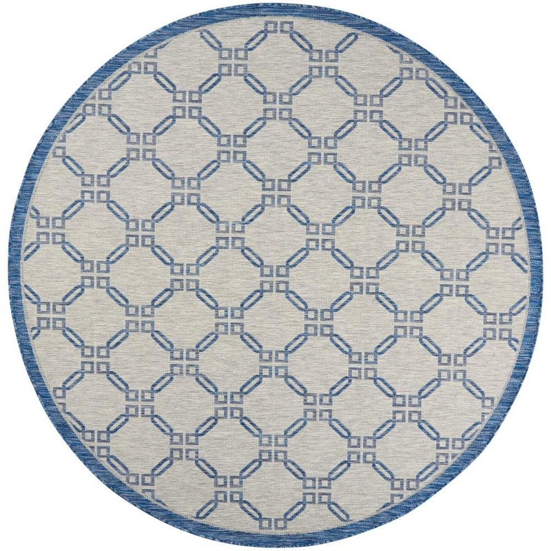 Nourison Garden Party Ivory Blue 8 ft. x 8 ft. Round Trellis Transitional Indoor/Outdoor Patio Area Rug 810779
