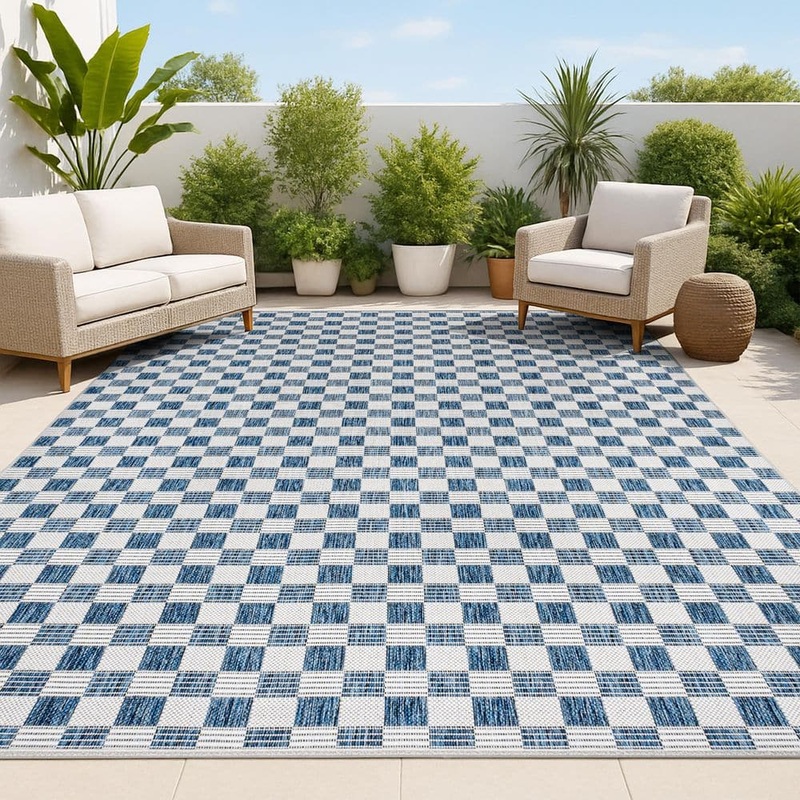 JONATHAN Y Aimee Traditional Cottage Checkerboard Navy/Cream 5 ft. x 8 ft. Indoor/Outdoor Area Rug TSN204B-5