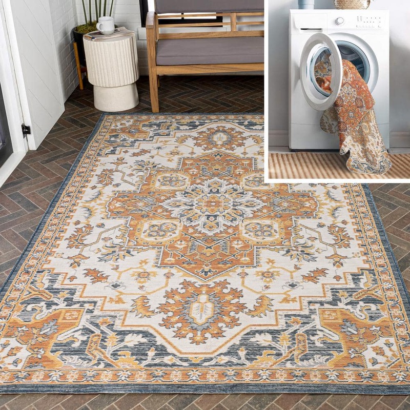 JONATHAN Y Bijan Traditional Vintage Medallion Reversible Machine-Washable Terra/Blue/Cream 3 ft. x 5 ft. Indoor/Outdoor Area Rug SVH107A-3