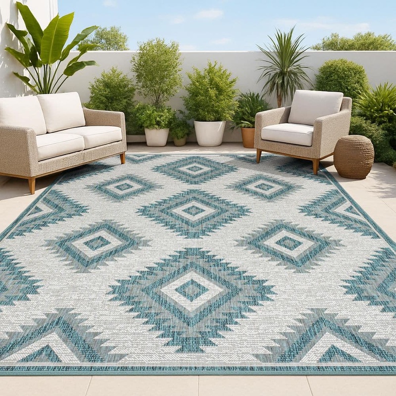JONATHAN Y Lior Geometric Moroccan Diamond Turquoise/Cream 5 ft. x 8 ft. Indoor/Outdoor Area Rug TSN202E-5