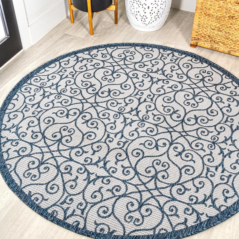 JONATHAN Y Madrid Vintage Filigree Textured Weave Cream/Blue 5 ft. Round Indoor/Outdoor Area Rug SMB107F-5R