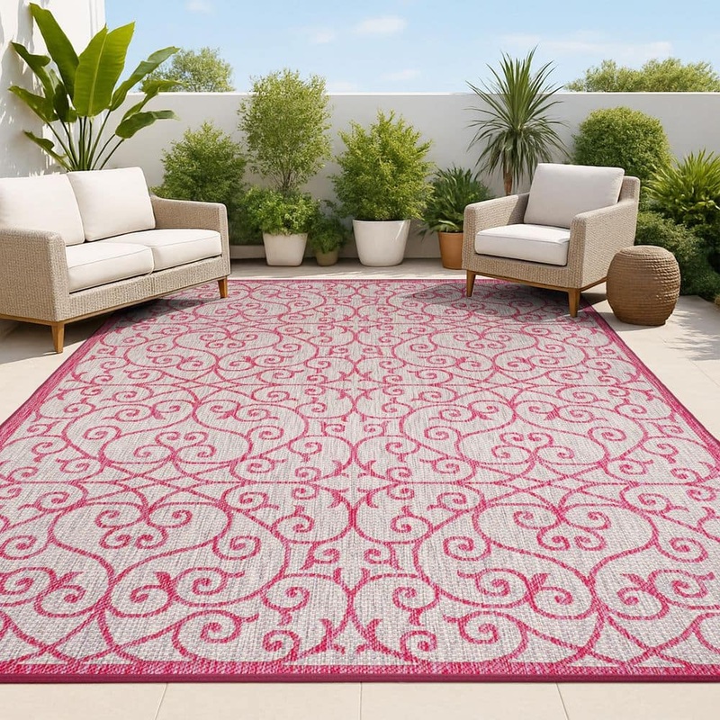 JONATHAN Y Madrid Vintage Filigree Textured Weave Light Gray/Fuchsia 9 ft. x 12 ft. Indoor/Outdoor Area Rug SMB107I-9