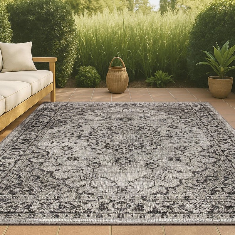 JONATHAN Y Rozetta Boho Medallion Gray/Black 5 ft. 3 in. x 7 ft. 7 in. Textured Weave Indoor/Outdoor Area Rug SMB102D-5