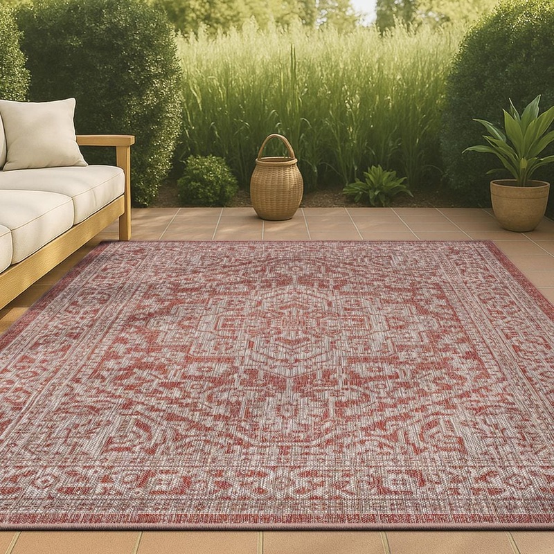 JONATHAN Y Sinjuri Medallion Red/Taupe 5 ft. 3 in. x 7 ft. 7 in. Textured Weave Indoor/Outdoor Area Rug SMB101A-5