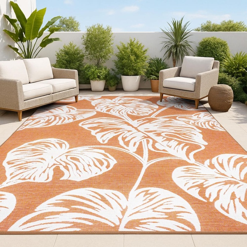JONATHAN Y Tobago Approximate Rug Size Orange/Ivory 4 ft. x 6 ft. High-Low 2-Tone Monstera Leaf Indoor/Outdoor Area Rug HWC100A-4