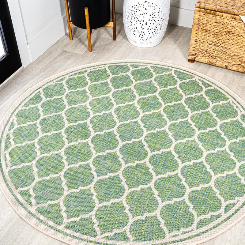 JONATHAN Y Trebol Moroccan Trellis Textured Weave Cream/Green 5 ft. Round Indoor/Outdoor Area Rug SMB109I-5R