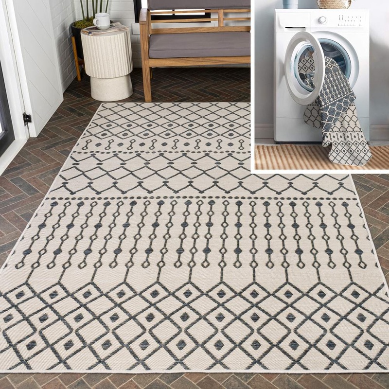JONATHAN Y Zana Modern Geometric Moroccan Reversible Machine Washable Navy/Cream 3 ft. x 5 ft. Indoor/Outdoor Area Rug SVH110A-3