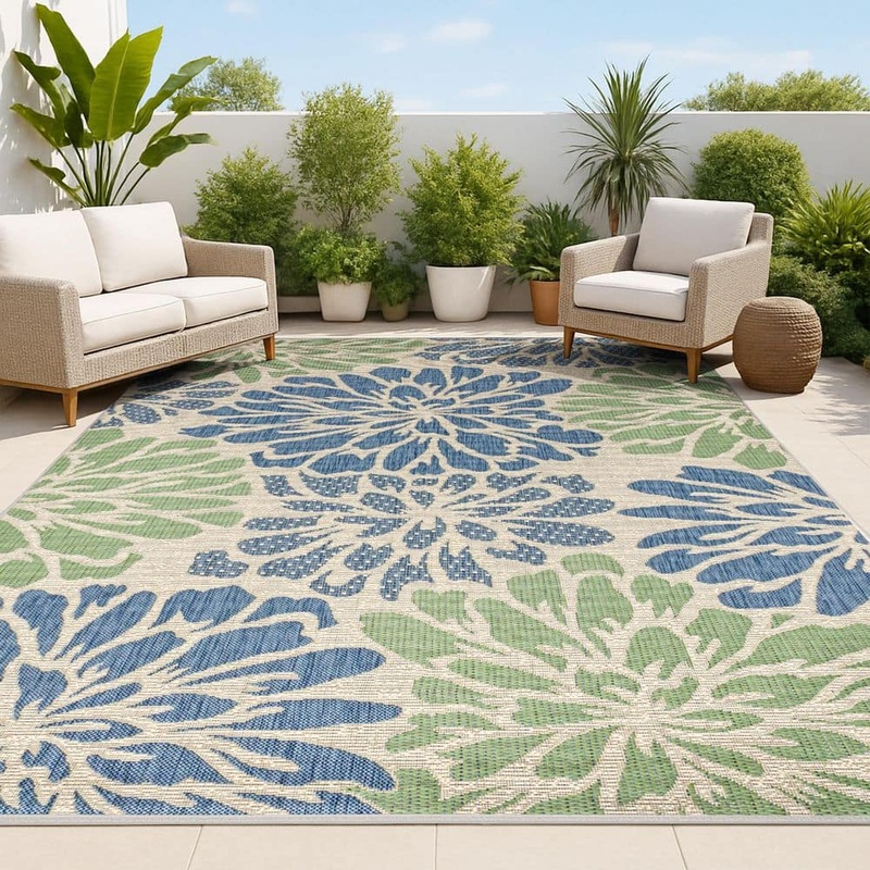 JONATHAN Y Zinnia Modern Floral Navy/Green 5 ft. 3 in. x 7 ft. 7 in. Textured Weave Indoor/Outdoor Area Rug SMB110B-5