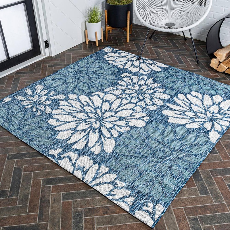 JONATHAN Y Zinnia Modern Floral Textured Weave Navy/Aqua 4 ft. x 4 ft. Indoor/Outdoor Area Rug SMB110C-4SQ
